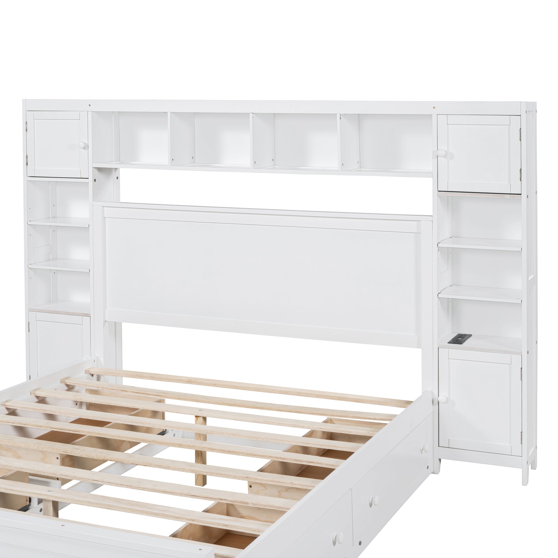 Queen Size Wooden Bed With All In One Cabinet, Shelf And Sockets, White White Solid Wood