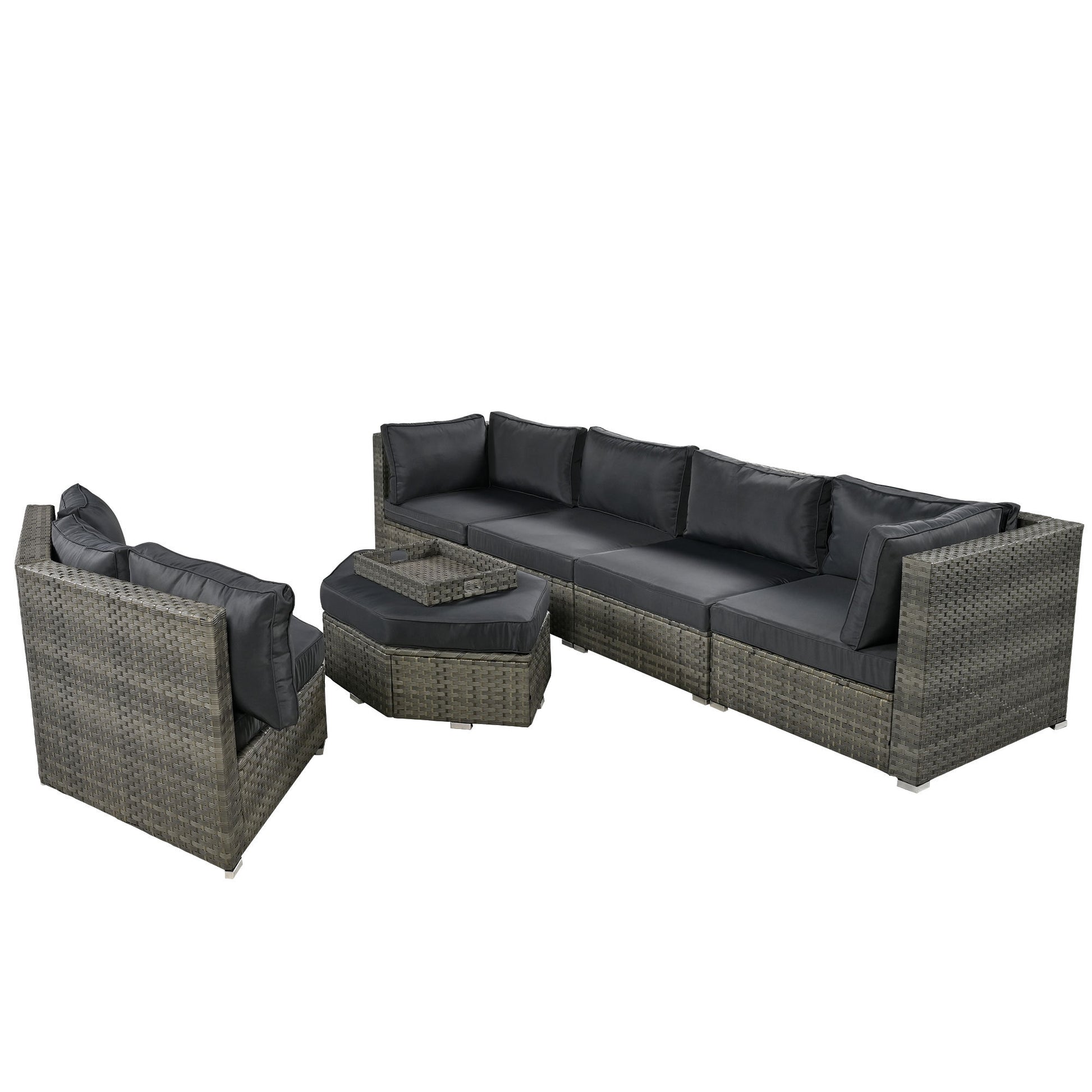 Patio Furniture Set, 6 Piece Outdoor Conversation Set All Weather Wicker Sectional Sofa With Ottoman And Cushions And Small Trays Grey Rattan