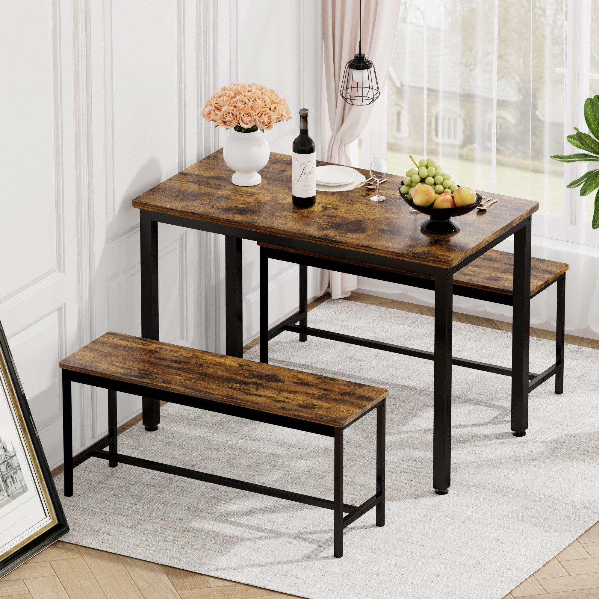 Dining Table Set, Bar Table With 2 Dining Benches, Kitchen Table Counter With Chairs, Industrial For Kitchen Breakfast Table, Living Room, Party Room, Rustic Brown And Black,43.3 L X23.6 W X 29.9 H Rustic Brown Particle Board