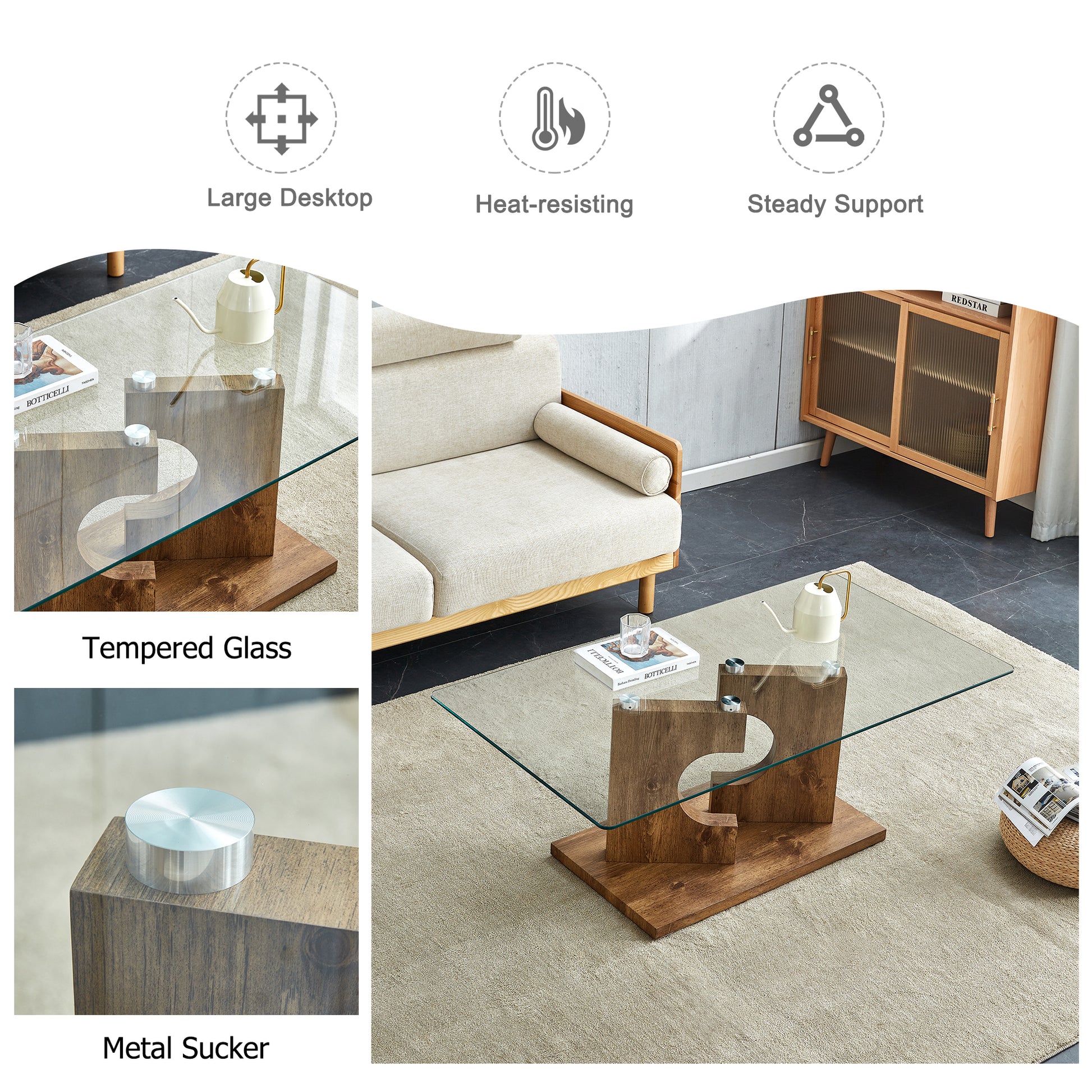 A Rectangular Modern And Fashionable Coffee Table With Tempered Glass Tabletop And Wooden Color Mdf Legs. Suitable For Living Room.47.2"*25.5"*18" Natural Wood Glass