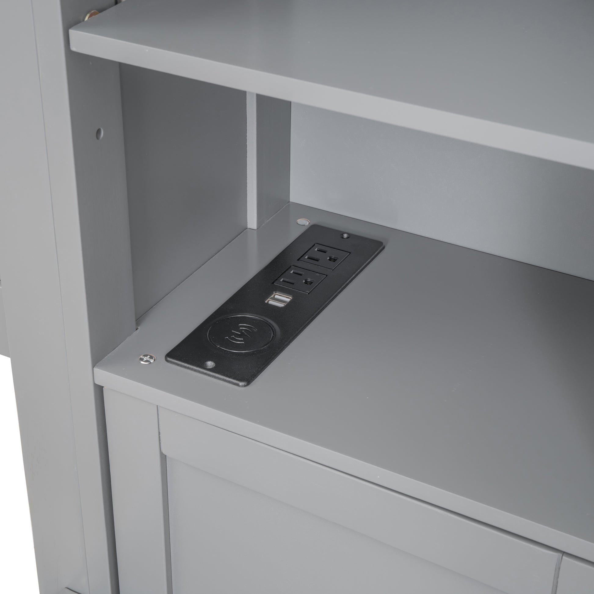 Queen Size Wooden Bed With All In One Cabinet, Shelf And Sockets,Twin Xl Trundle, Gray Queen Gray Solid Wood