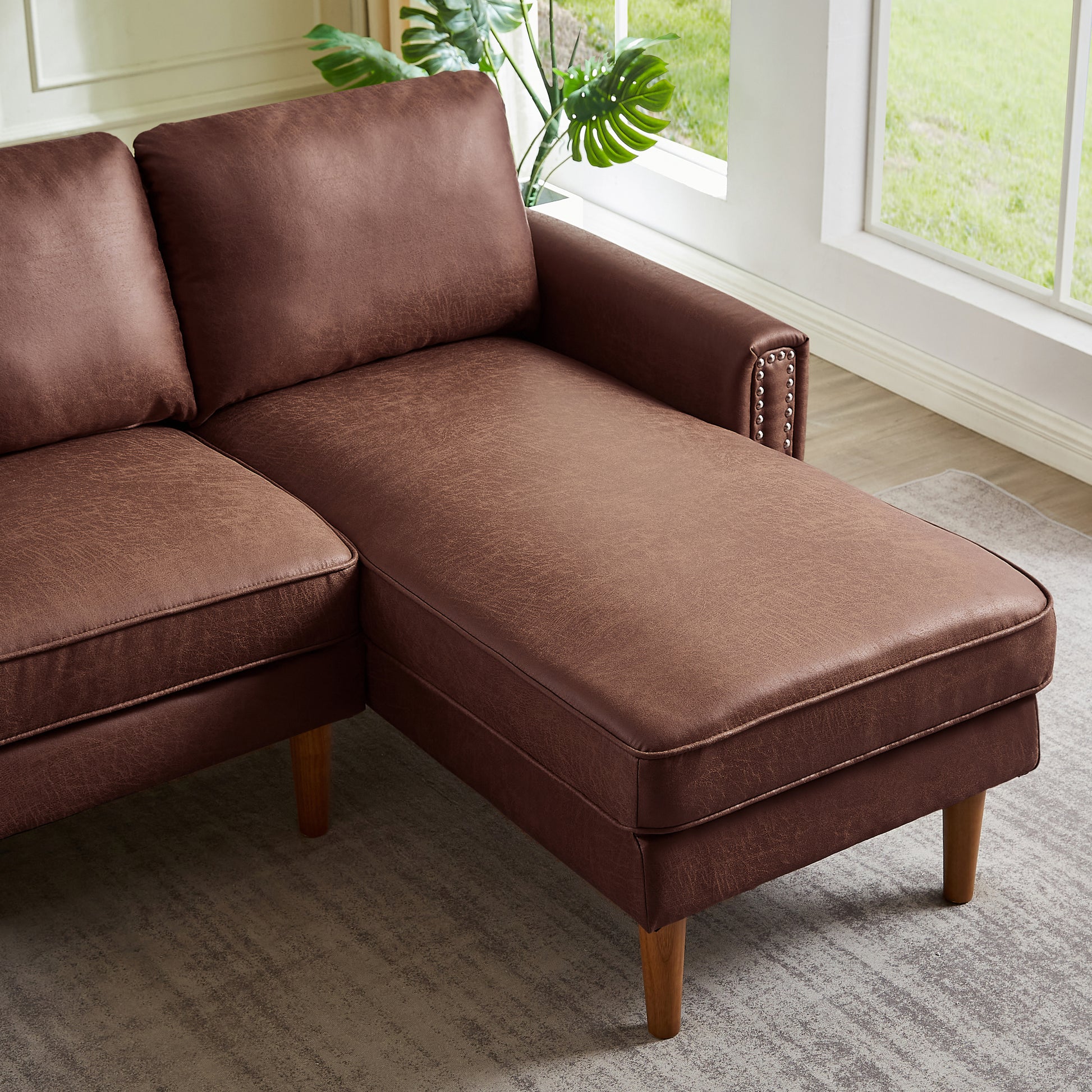 82.2"L Shape Sofa Couch With Chais Mid Century Copper Nail On Arms,Strong Wooden Leg And Suede Fabric Design That Will Complement Any Living Space.Right Chaise,Dark Brown Dark Brown Tech Cloth