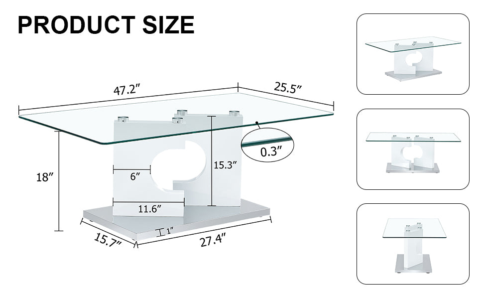 A Rectangular Modern And Fashionable Coffee Table With Tempered Glass Tabletop And White Mdf Legs. Suitable For Living Room.47.2"*25.5"*18" White Glass