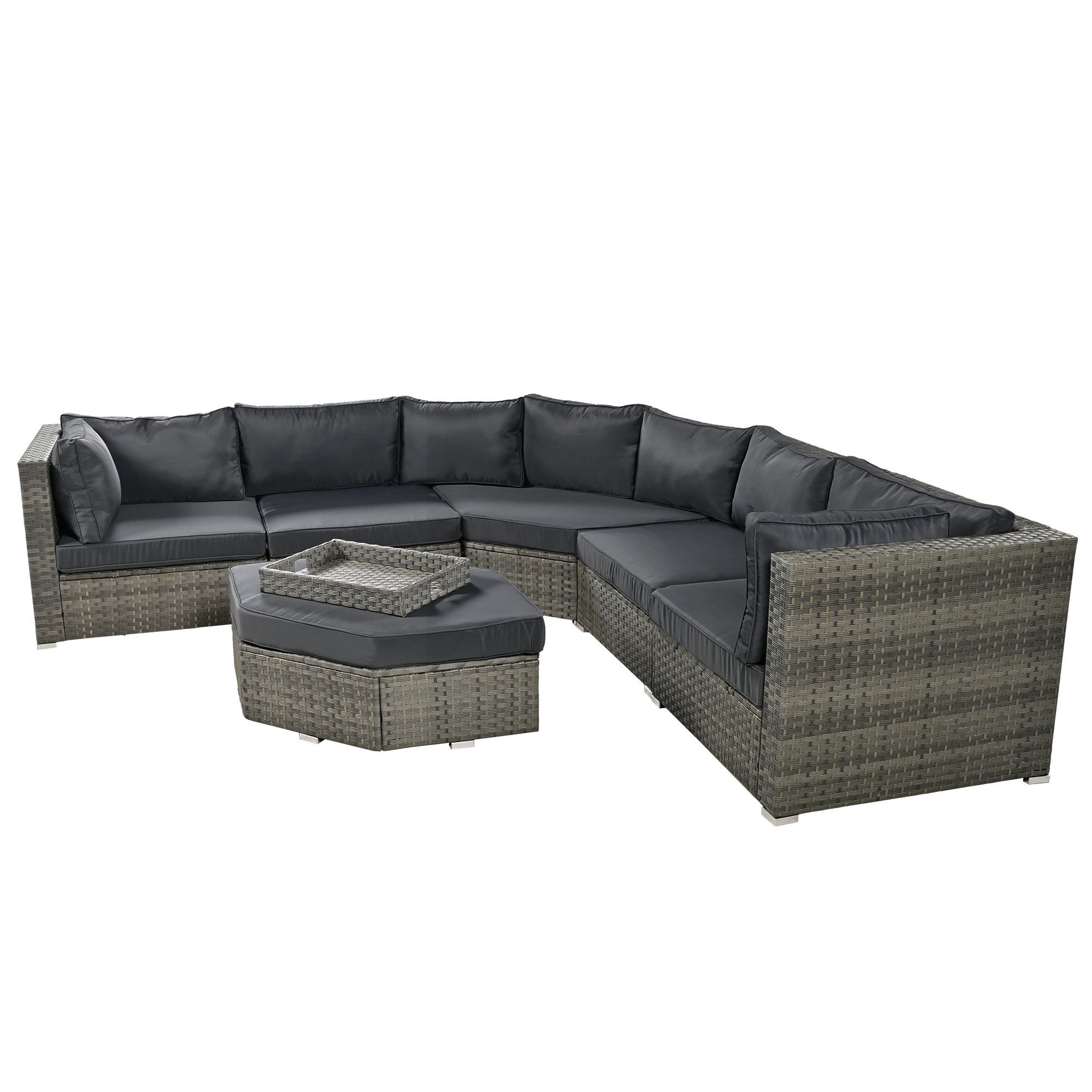 Patio Furniture Set, 6 Piece Outdoor Conversation Set All Weather Wicker Sectional Sofa With Ottoman And Cushions And Small Trays Grey Rattan