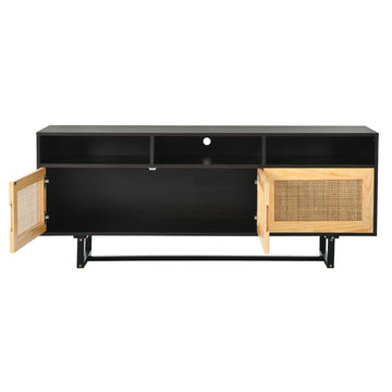 Retro Rattan Console Table 3 Door Tv Stand Media Console With Open Shelves For Tv Stand Under 75'' Espresso Espresso Mdf