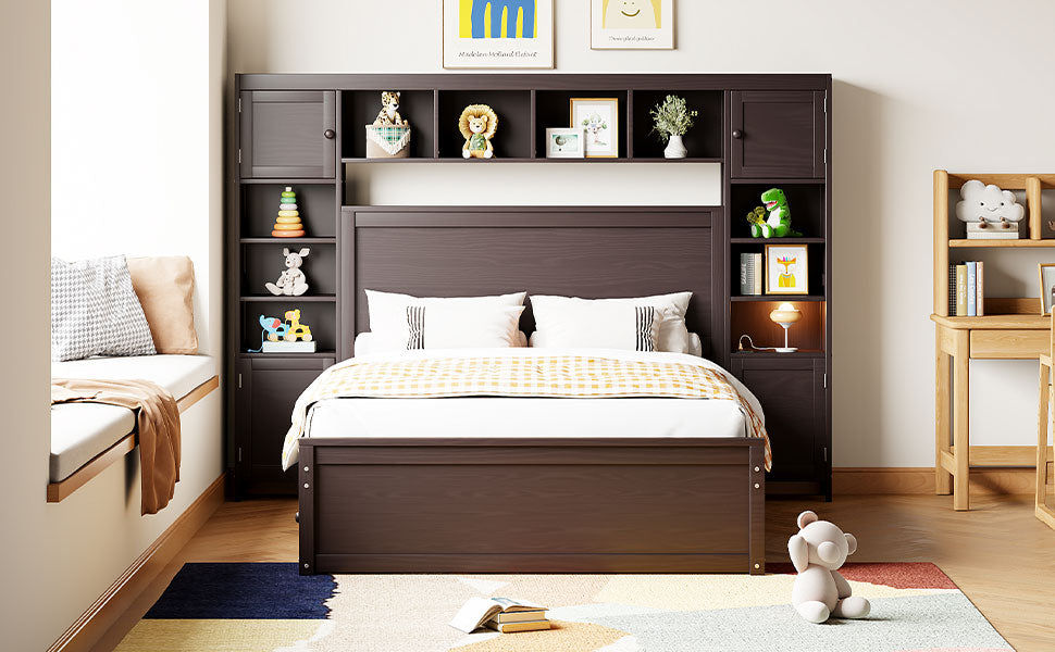 Full Size Wooden Bed With All In One Cabinet, Shelf And Sockets,Twin Size Trundle, Espresso Full Espresso Solid Wood