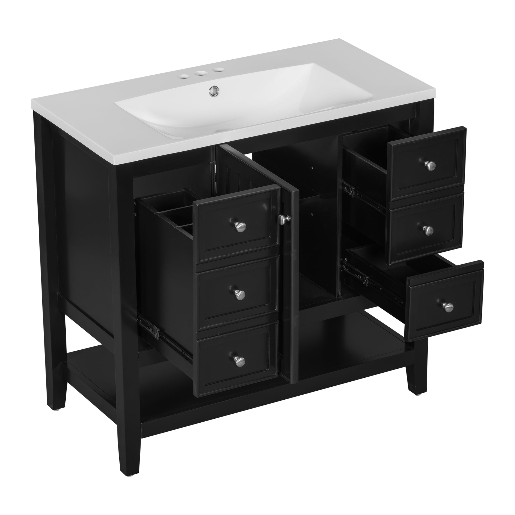 36" Bathroom Vanity With Sink Combo, One Cabinet And Three Drawers, Solid Wood And Mdf Board, Black Black Solid Wood Mdf