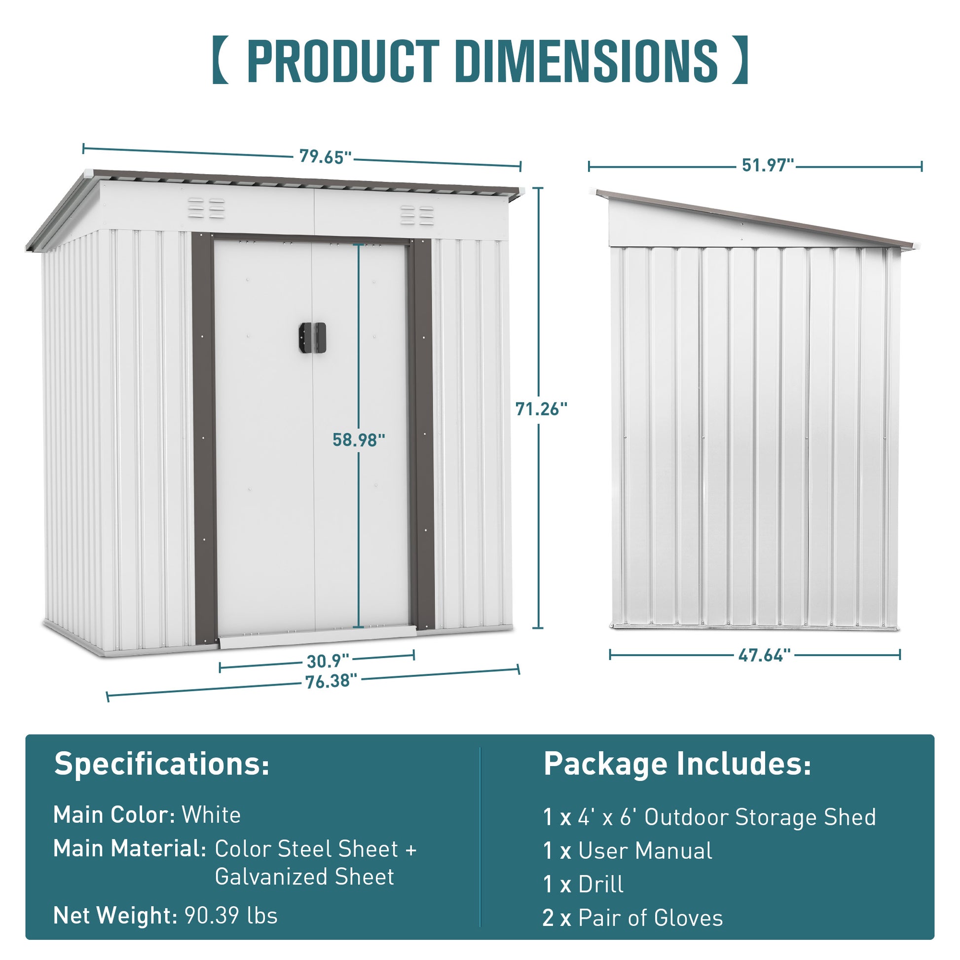 4 X 6 Ft Outdoor Storage Shed, Patio Steel Metal Shed W Lockable Sliding Doors, Vents, House For Backyard Garden Patio Lawn White Metal