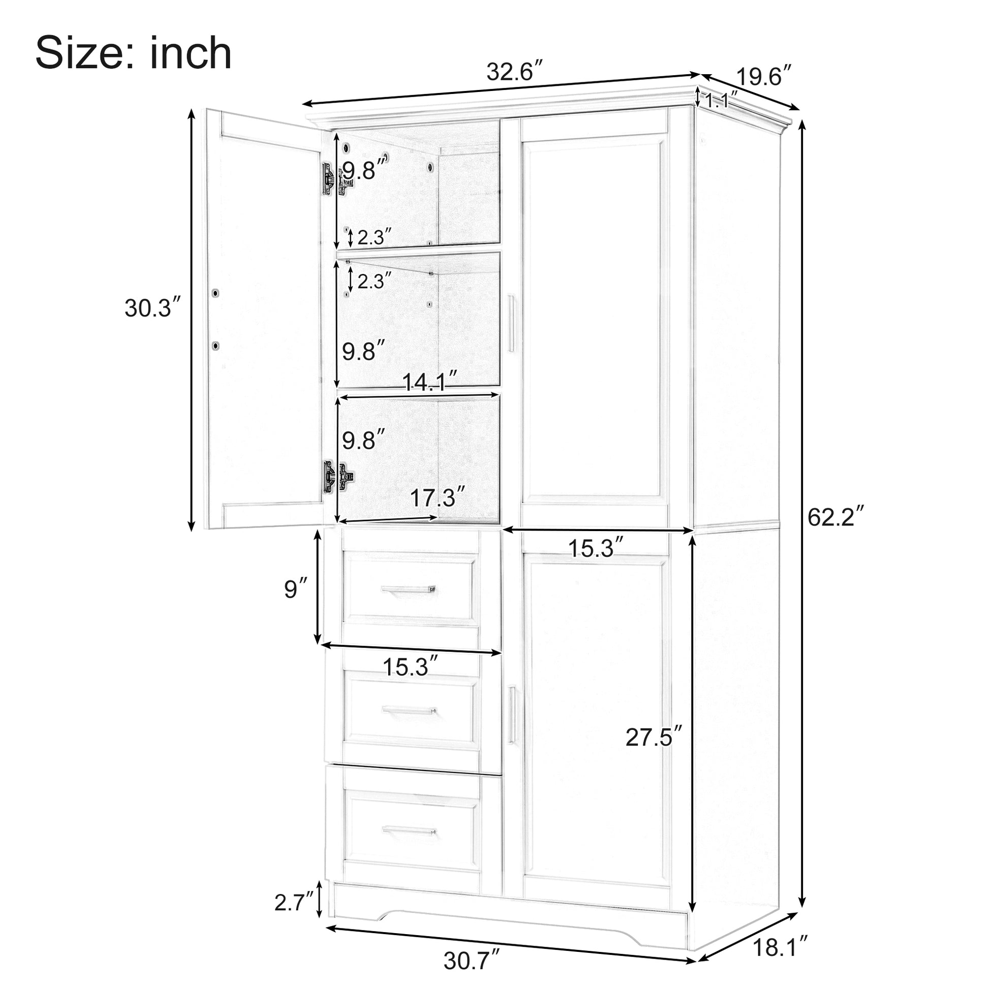 Tall And Wide Storage Cabinet With Doors For Bathroom Office, Three Drawers, Black Black Mdf