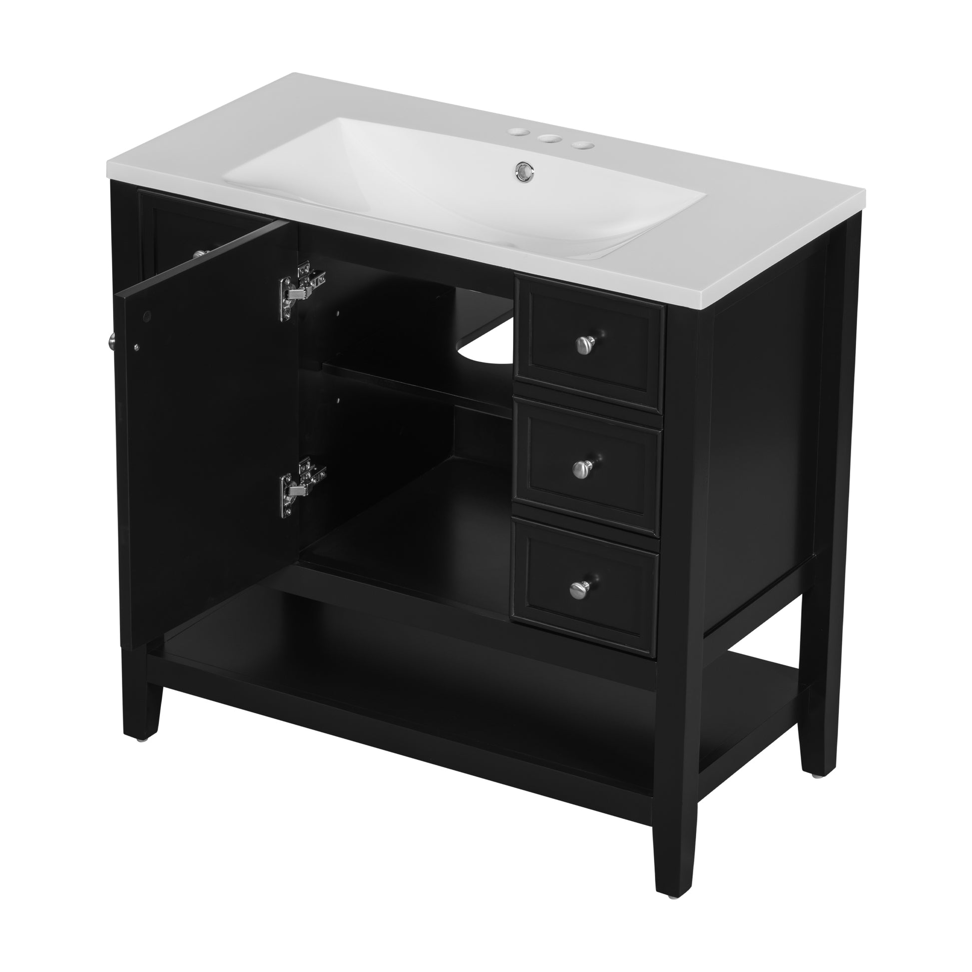 36" Bathroom Vanity With Sink Combo, One Cabinet And Three Drawers, Solid Wood And Mdf Board, Black Black Solid Wood Mdf