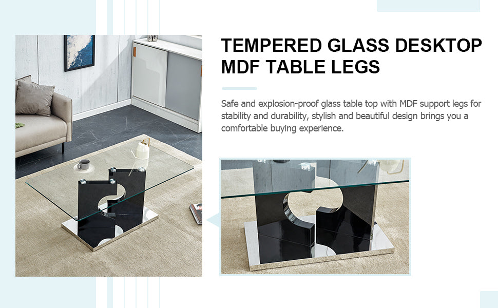 A Rectangular Modern And Fashionable Coffee Table With Tempered Glass Tabletop And Black Mdf Legs. Suitable For Living Room.47.2"*25.5"*18" Black Glass