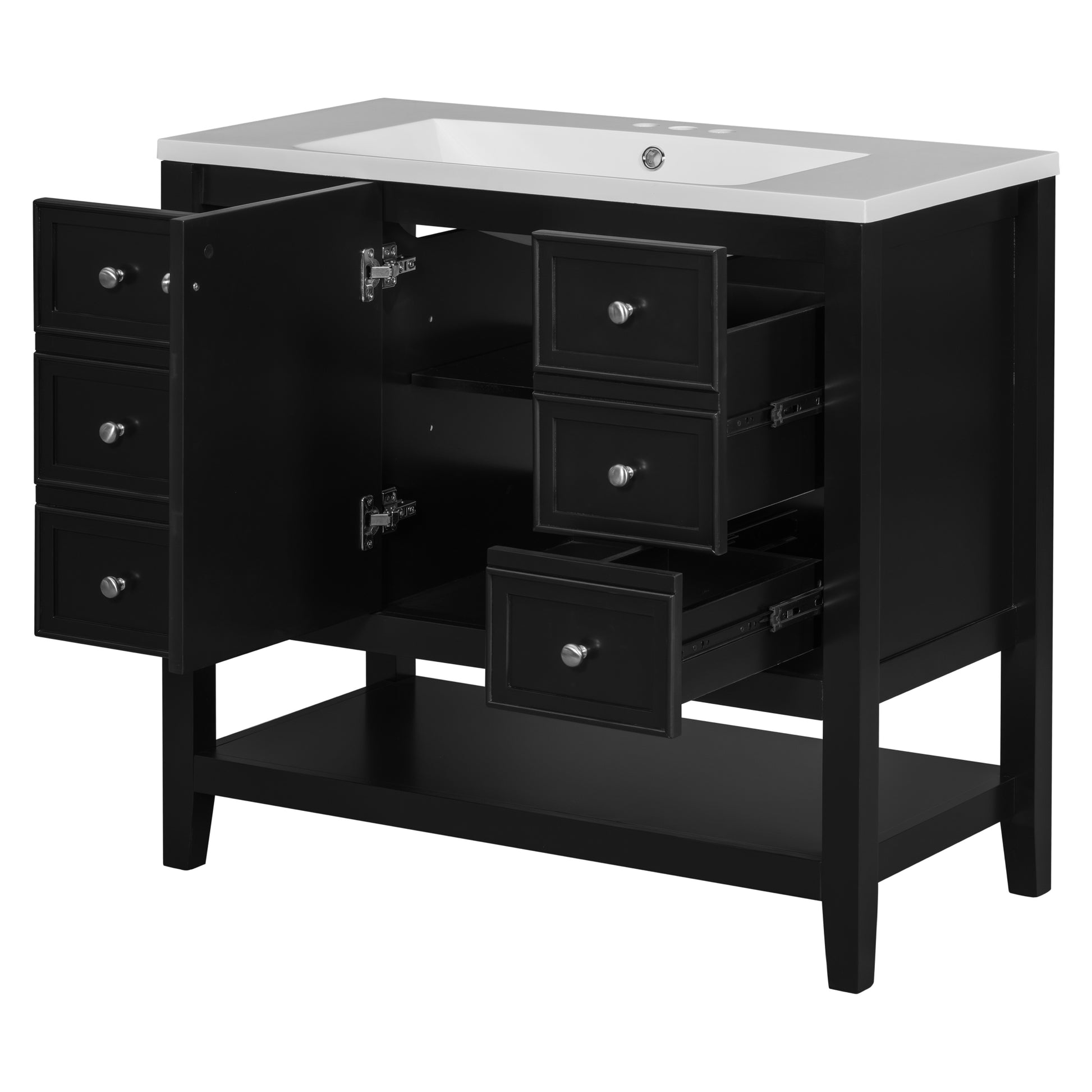 36" Bathroom Vanity With Sink Combo, One Cabinet And Three Drawers, Solid Wood And Mdf Board, Black Black Solid Wood Mdf