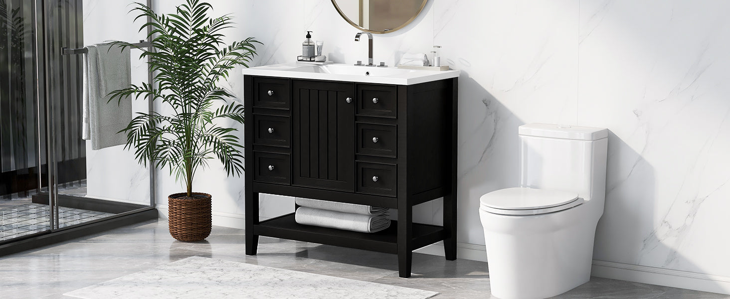 36" Bathroom Vanity With Sink Combo, One Cabinet And Three Drawers, Solid Wood And Mdf Board, Black Black Solid Wood Mdf