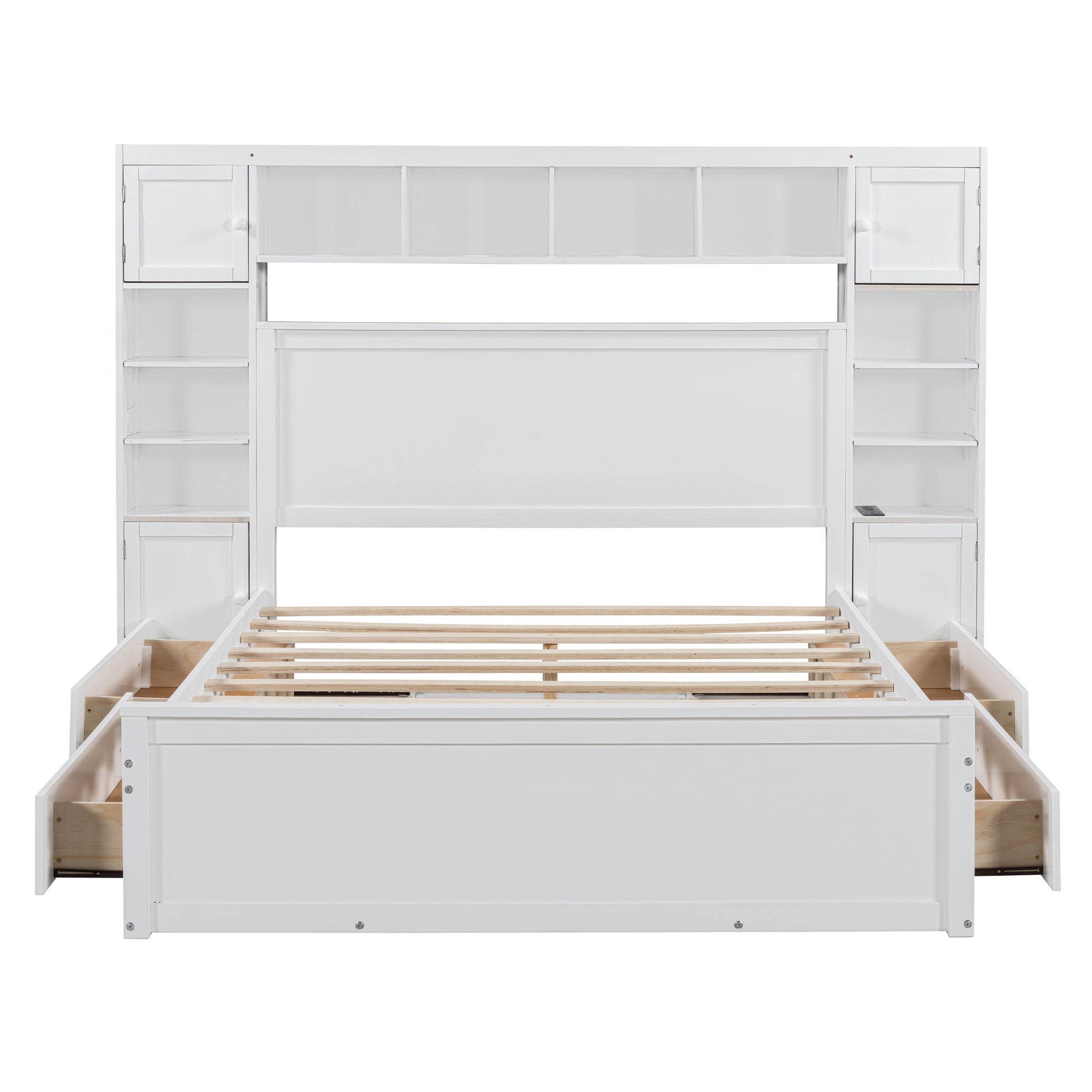 Queen Size Wooden Bed With All In One Cabinet, Shelf And Sockets, White White Solid Wood