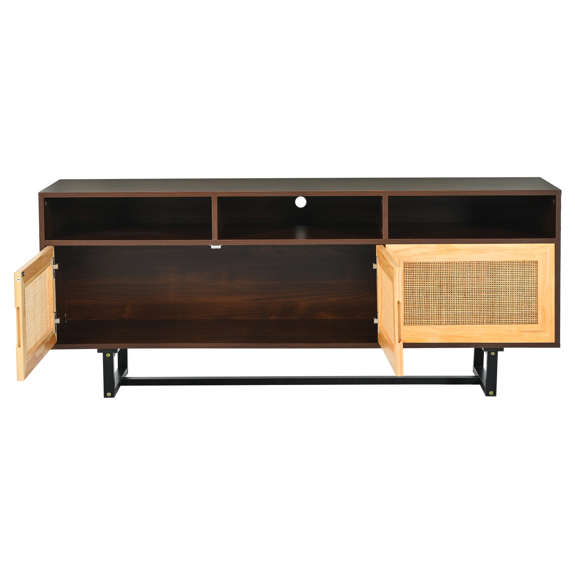 Retro Rattan Tv Stand 3 Door Media Console With Open Shelves For Tv Stand Under 75'' Walnut Walnut Mdf