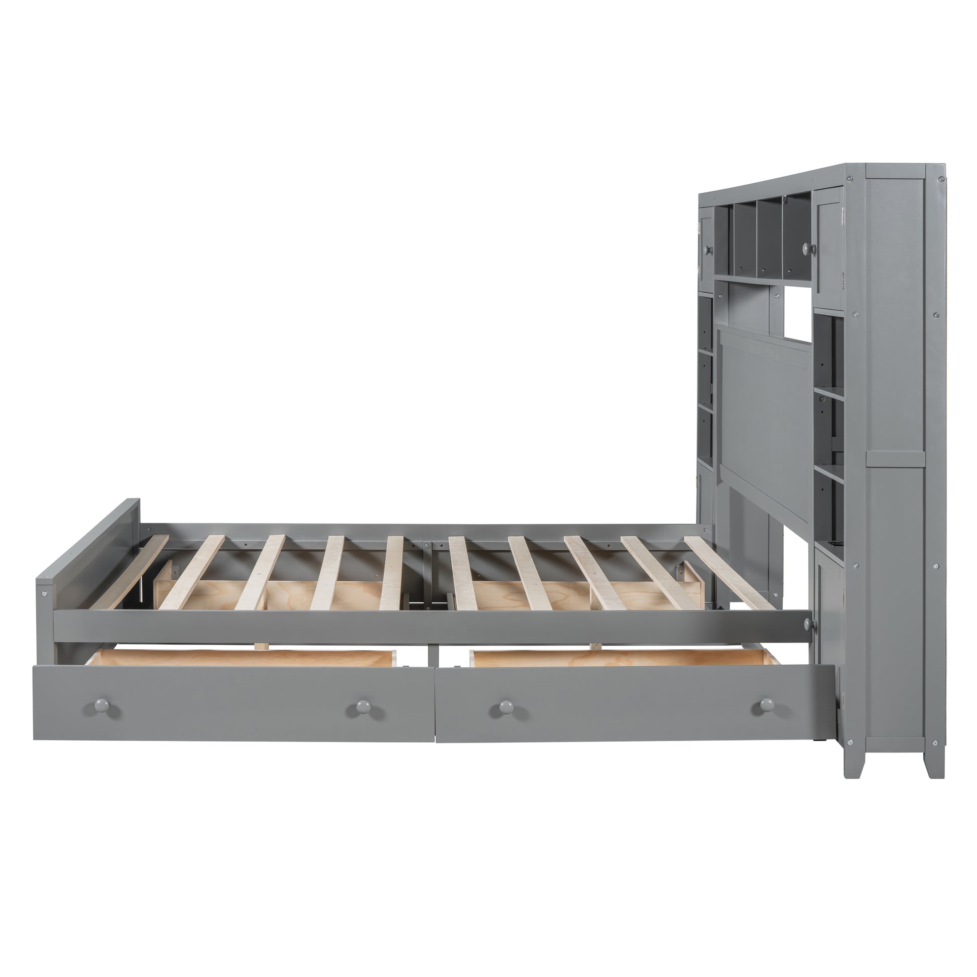 Queen Size Wooden Bed With All In One Cabinet, Shelf And Sockets, Gray Gray Solid Wood