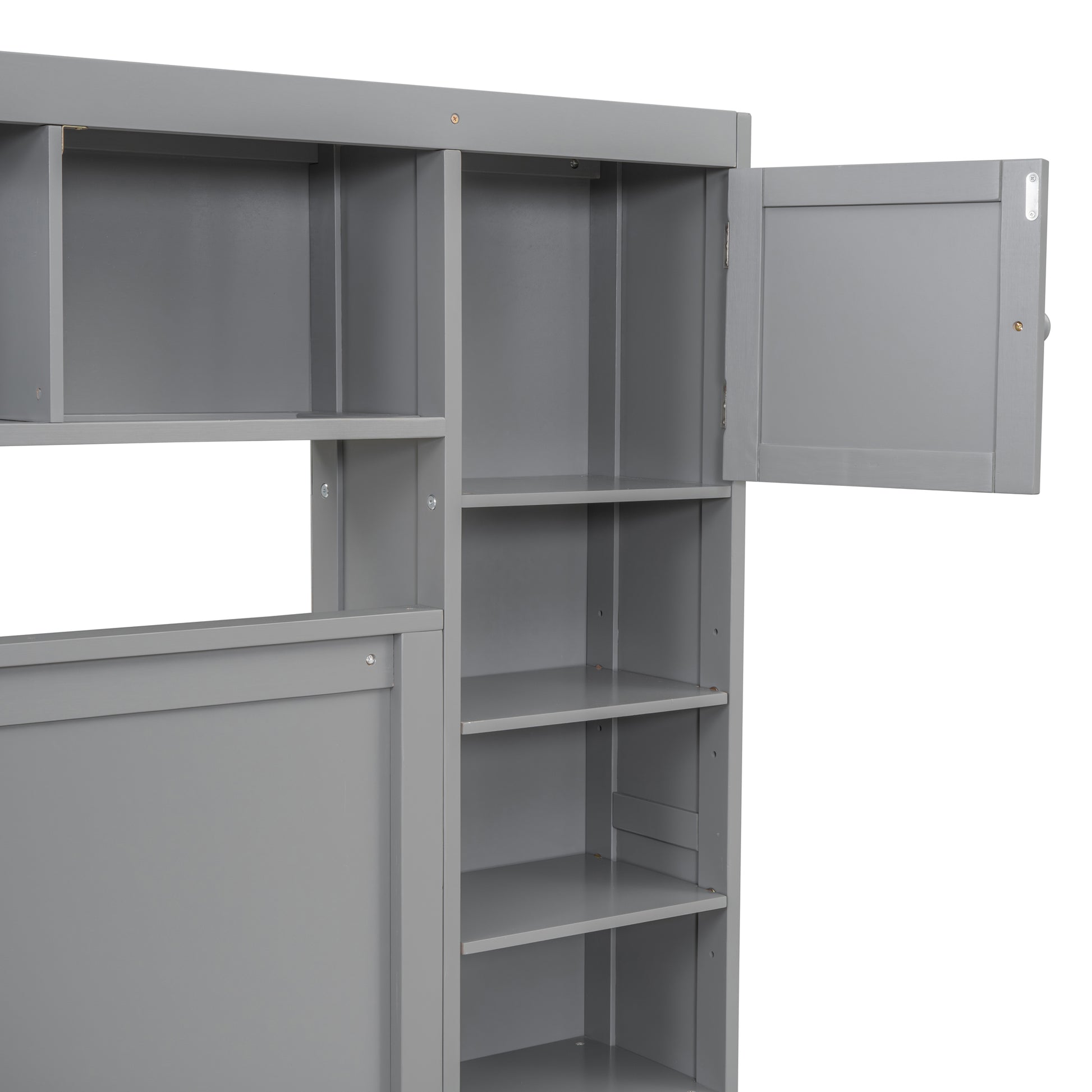 Queen Size Wooden Bed With All In One Cabinet, Shelf And Sockets,Twin Xl Trundle, Gray Queen Gray Solid Wood