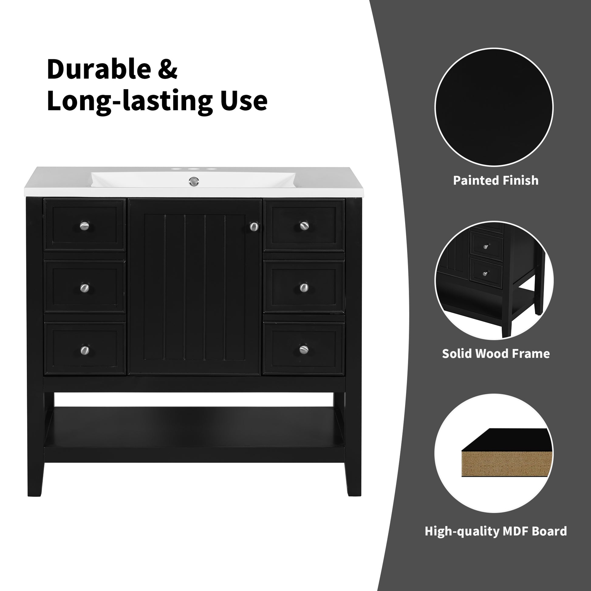 36" Bathroom Vanity With Sink Combo, One Cabinet And Three Drawers, Solid Wood And Mdf Board, Black Old Sku:Sy999505Aab Black Solid Wood Mdf