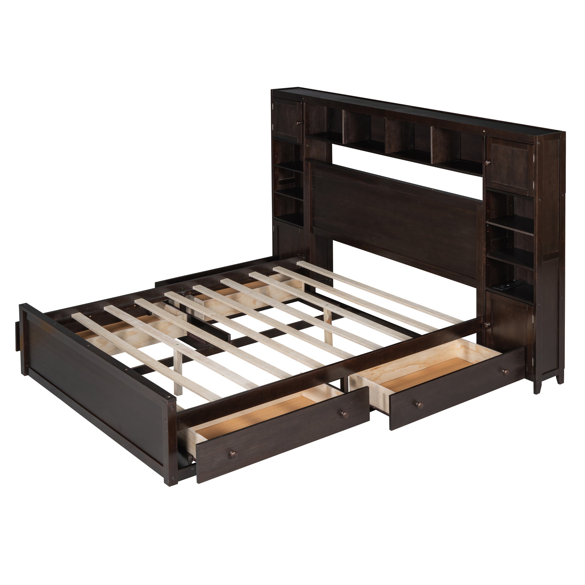 Queen Size Wooden Bed With All In One Cabinet, Shelf And Sockets, Espresso Espresso Solid Wood