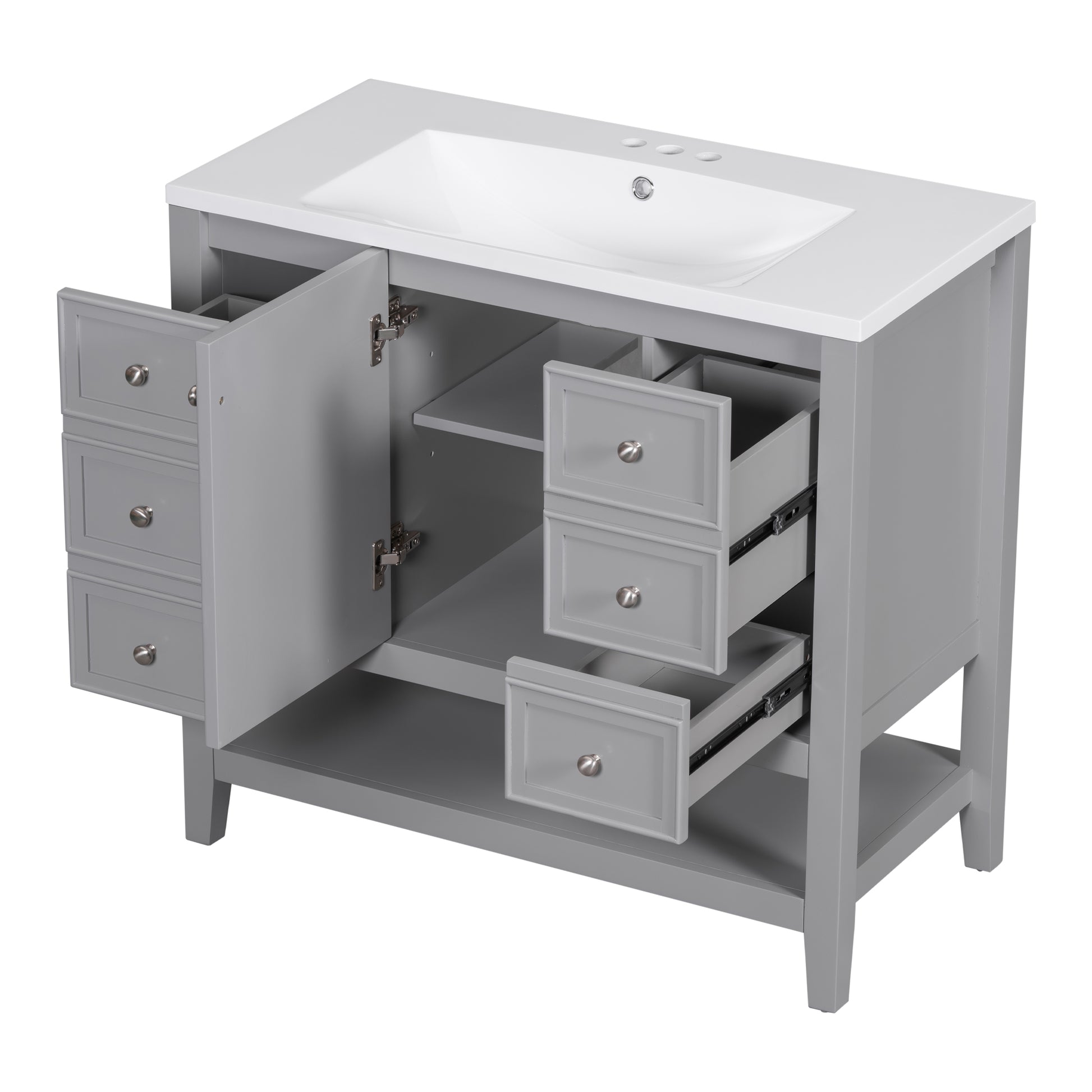 36" Bathroom Vanity With Sink Combo, One Cabinet And Three Drawers, Solid Wood And Mdf Board, Grey Grey Solid Wood Mdf