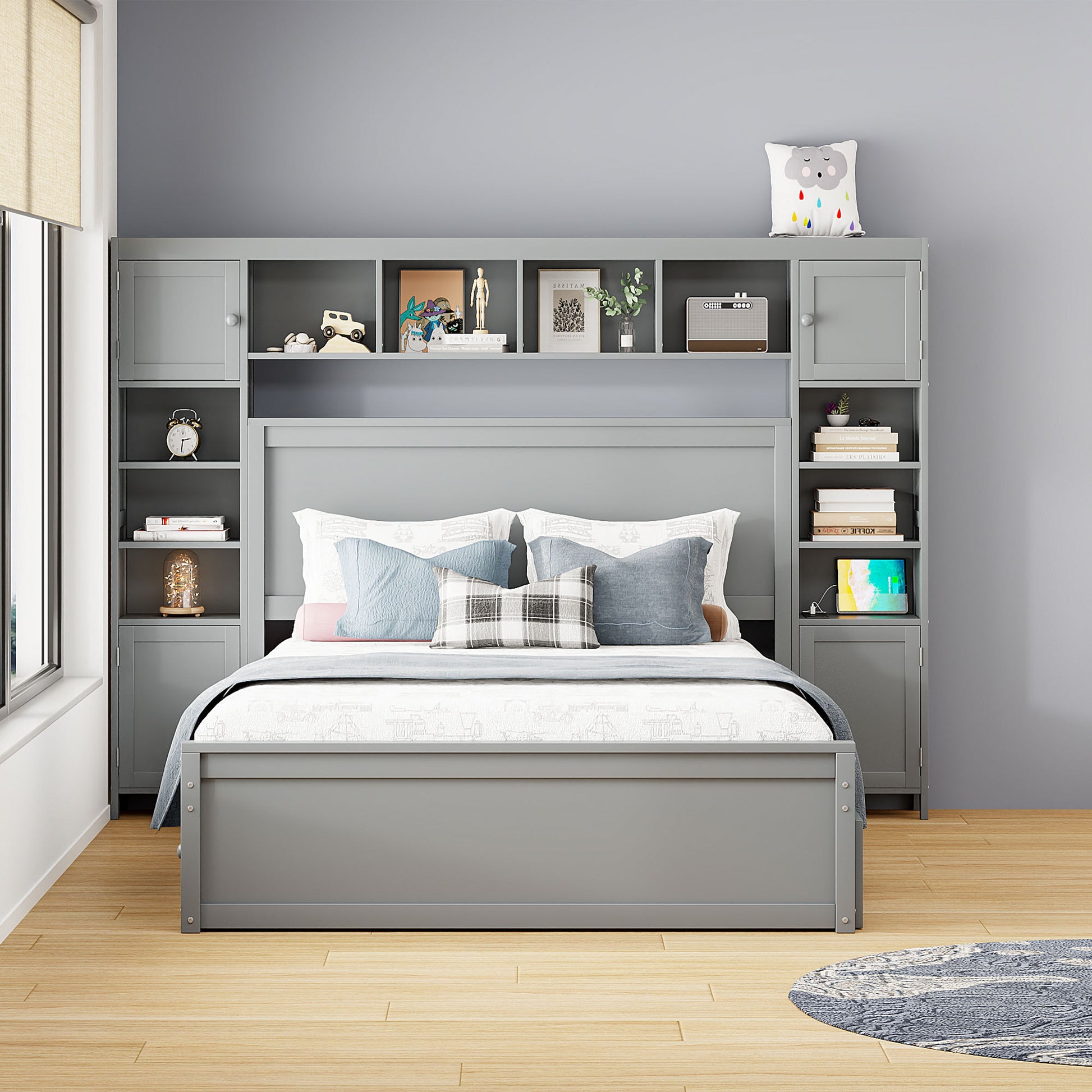 Queen Size Wooden Bed With All In One Cabinet, Shelf And Sockets,Twin Xl Trundle, Gray Queen Gray Solid Wood
