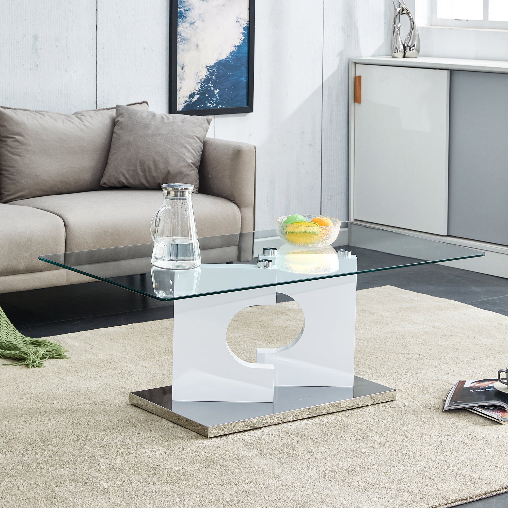 A Rectangular Modern And Fashionable Coffee Table With Tempered Glass Tabletop And White Mdf Legs. Suitable For Living Room.47.2"*25.5"*18" White Glass