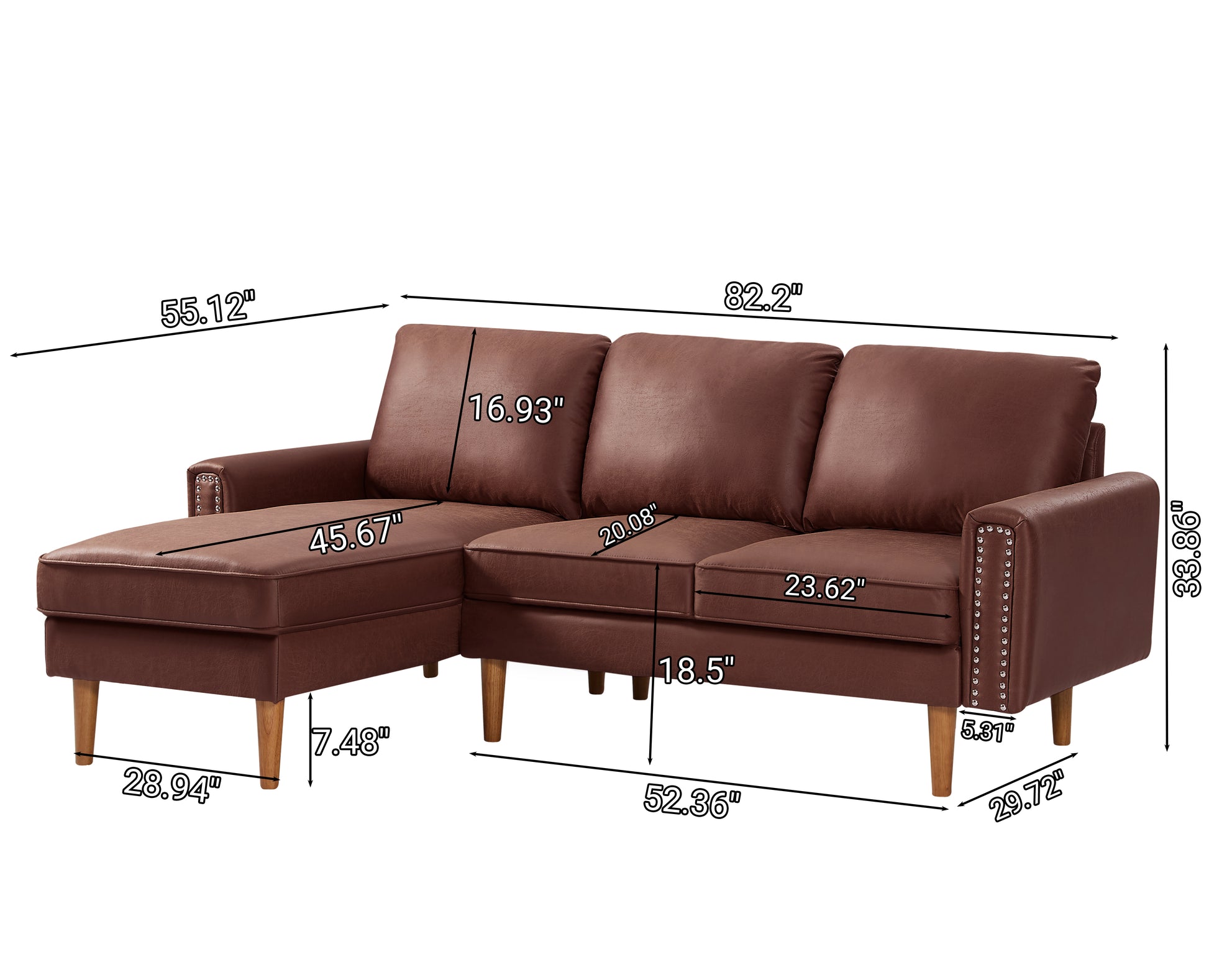 82.2"L Shape Sofa Couch With Chais Mid Century Copper Nail On Arms,Strong Wooden Leg And Suede Fabric Design That Will Complement Any Living Space.Left Chaise,Dark Brown Dark Brown Tech Cloth