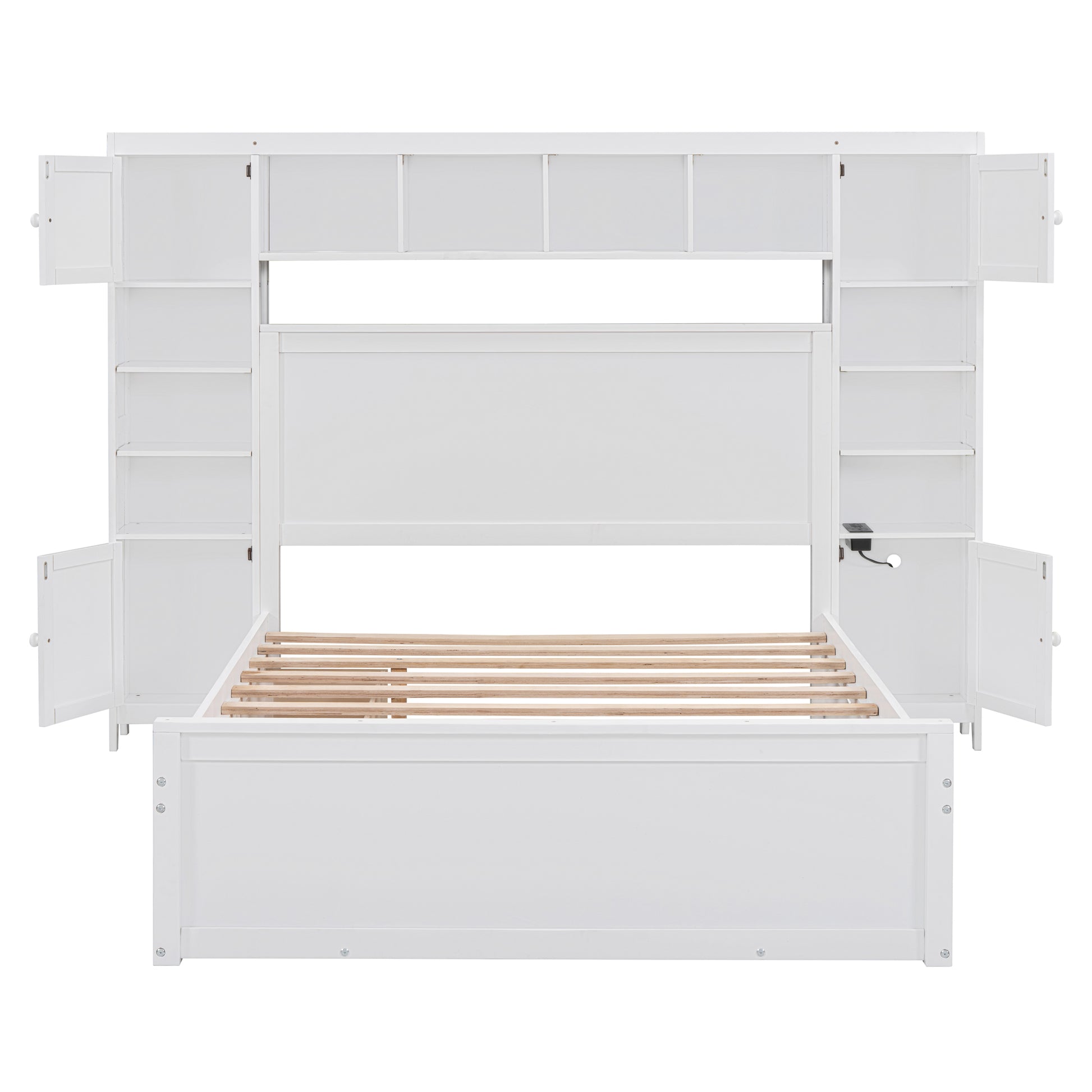 Full Size Wooden Bed With All In One Cabinet, Shelf And Sockets,Twin Size Trundle, White Full White Solid Wood