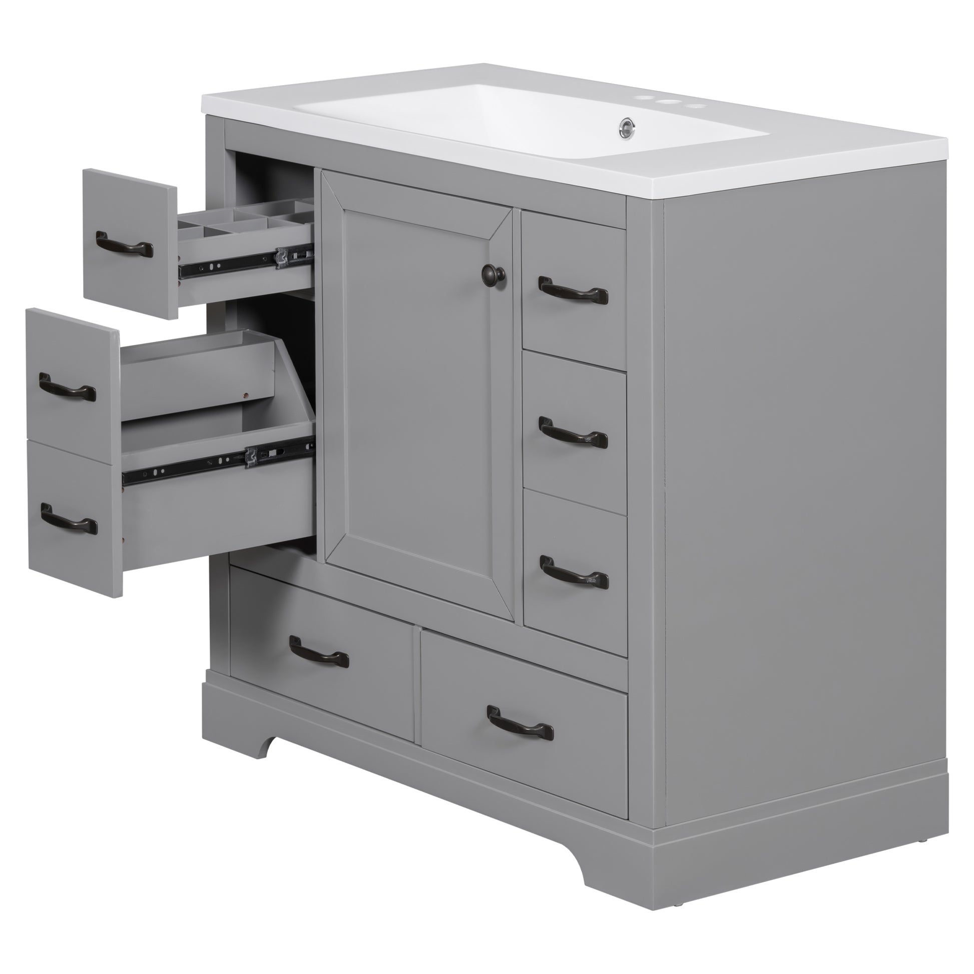 36" Bathroom Vanity With Sink Combo, Six Drawers, Multi Functional Drawer Divider, Adjustable Shelf, Grey Grey Solid Wood Mdf