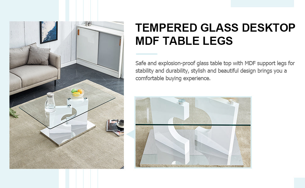 A Rectangular Modern And Fashionable Coffee Table With Tempered Glass Tabletop And White Mdf Legs. Suitable For Living Room.47.2"*25.5"*18" White Glass