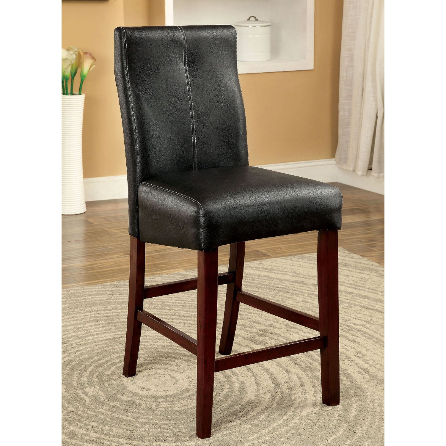 Set Of 2 Paddedcounter Height Chairs In Brown Cherry And Black Solid Black Dining Room Faux Leather