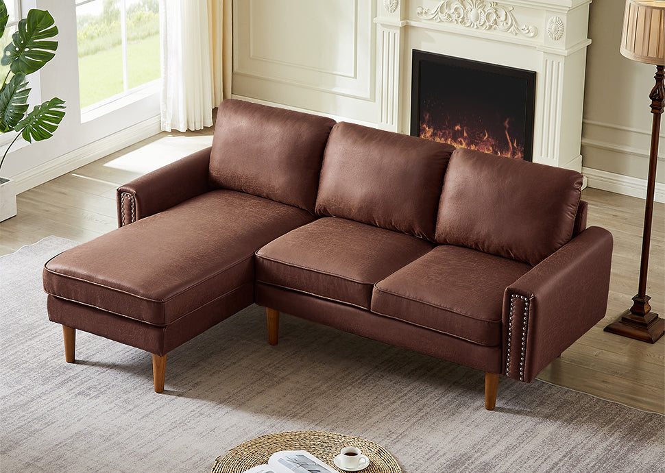 82.2"L Shape Sofa Couch With Chais Mid Century Copper Nail On Arms,Strong Wooden Leg And Suede Fabric Design That Will Complement Any Living Space.Left Chaise,Dark Brown Dark Brown Tech Cloth