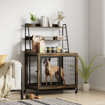 Furniture Type Dog Cage Iron Frame Door With Cabinet, Two Door Design, Rustic Brown,37.99"Wx27.36"Dx59.92"H Antique Brown Particle Board