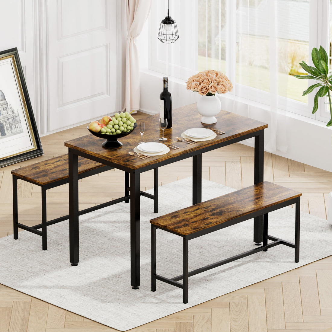 Dining Table Set, Bar Table With 2 Dining Benches, Kitchen Table Counter With Chairs, Industrial For Kitchen Breakfast Table, Living Room, Party Room, Rustic Brown And Black,43.3 L X23.6 W X 29.9 H Rustic Brown Particle Board