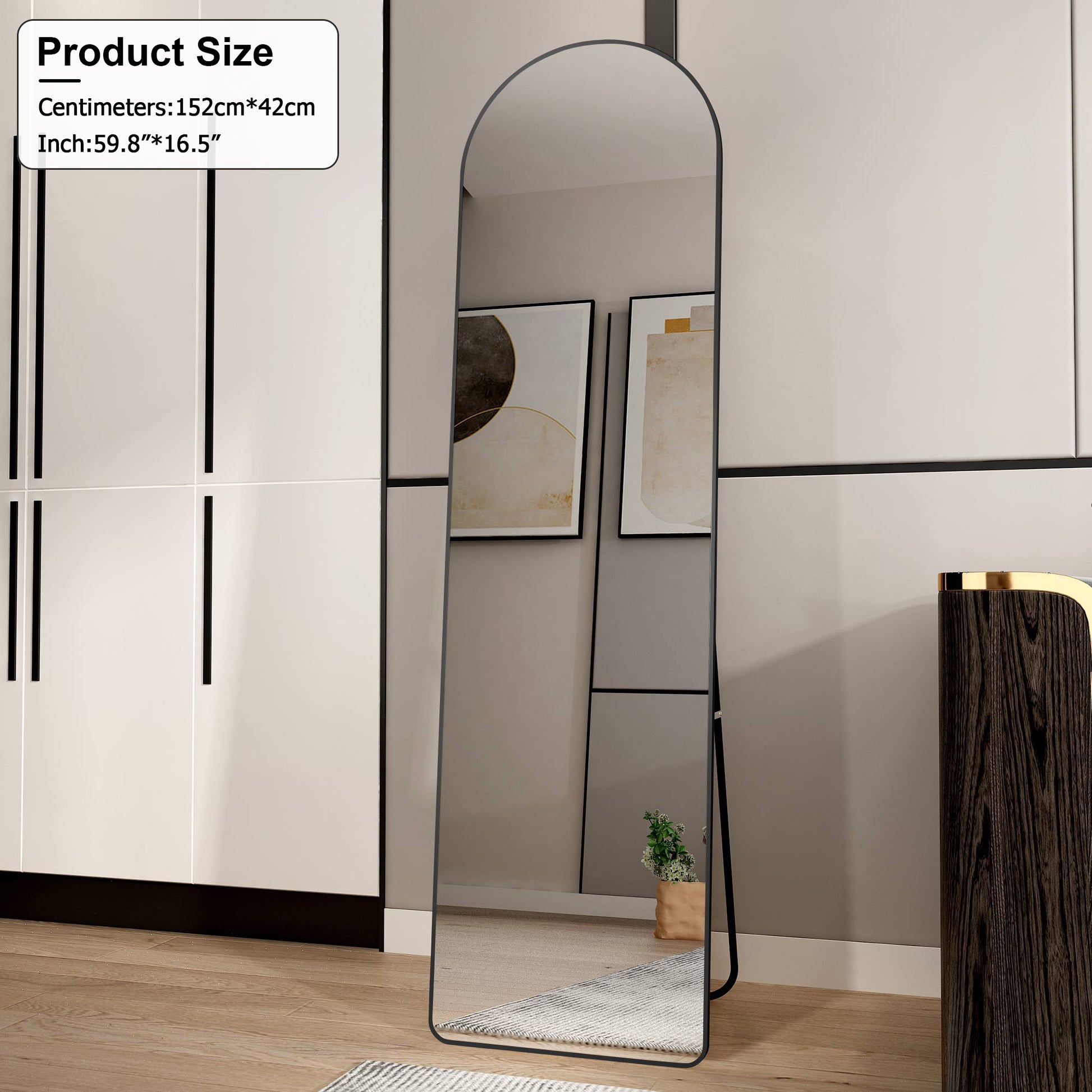 The 4St Generation Of Floor Mounted Full Length Mirrors. Aluminum Alloy Metal Frame Arched Wall Mirror, Bathroom Makeup Mirror, Bedroom Porch, Clothing Store, Wall Mounted.Black 59.8 "*16.5"W115112560 Black Glass