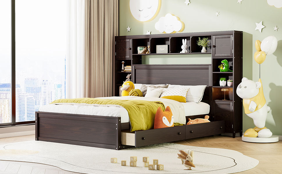 Queen Size Wooden Bed With All In One Cabinet, Shelf And Sockets, Espresso Espresso Solid Wood