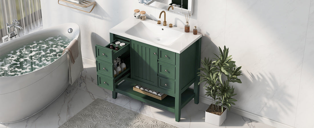 36" Bathroom Vanity With Sink Combo, One Cabinet And Three Drawers, Solid Wood And Mdf Board, Green Green Solid Wood Mdf