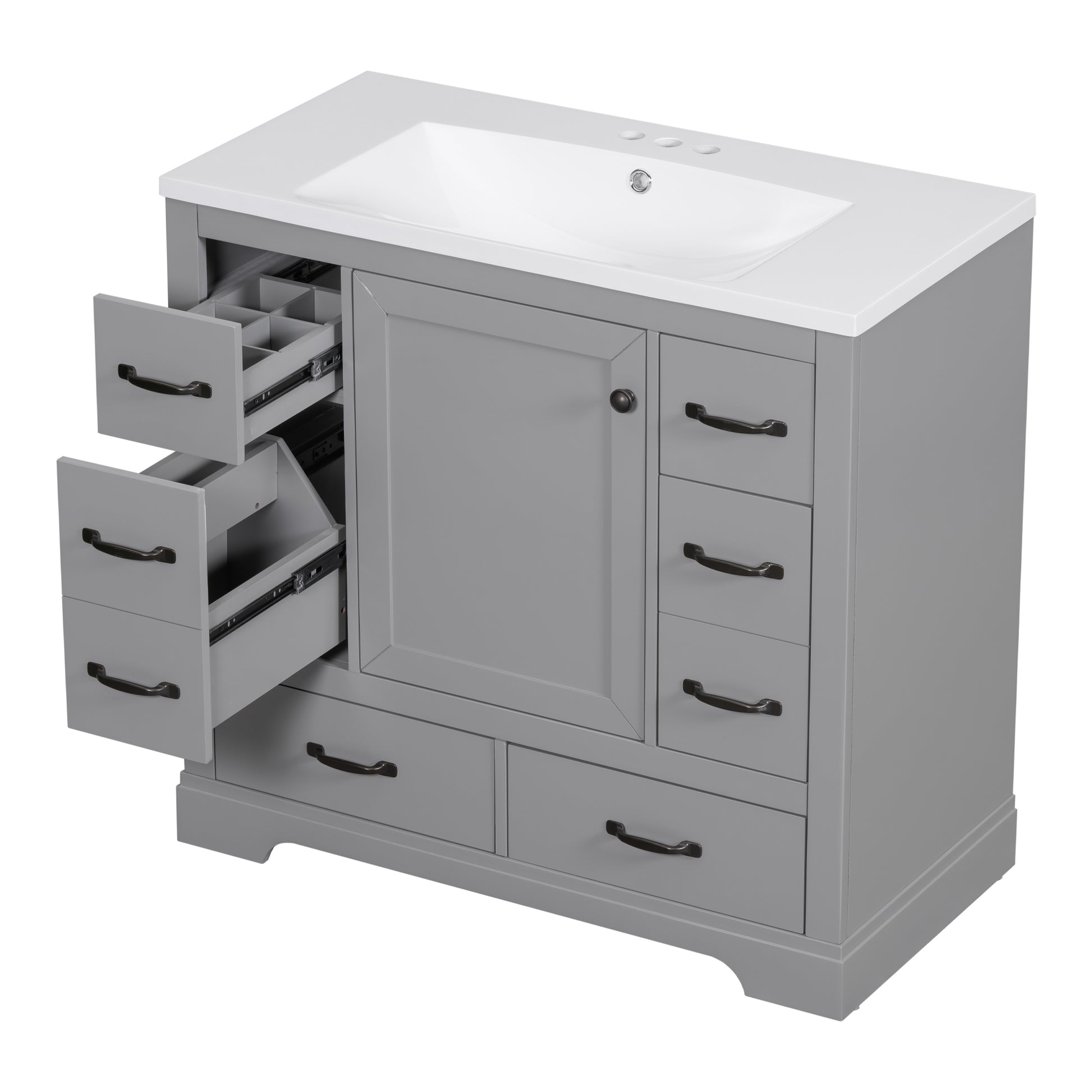 36" Bathroom Vanity With Sink Combo, Six Drawers, Multi Functional Drawer Divider, Adjustable Shelf, Grey Grey Solid Wood Mdf