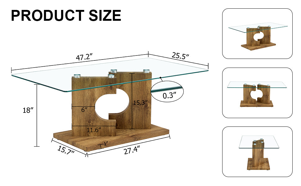 A Rectangular Modern And Fashionable Coffee Table With Tempered Glass Tabletop And Wooden Color Mdf Legs. Suitable For Living Room.47.2"*25.5"*18" Natural Wood Glass