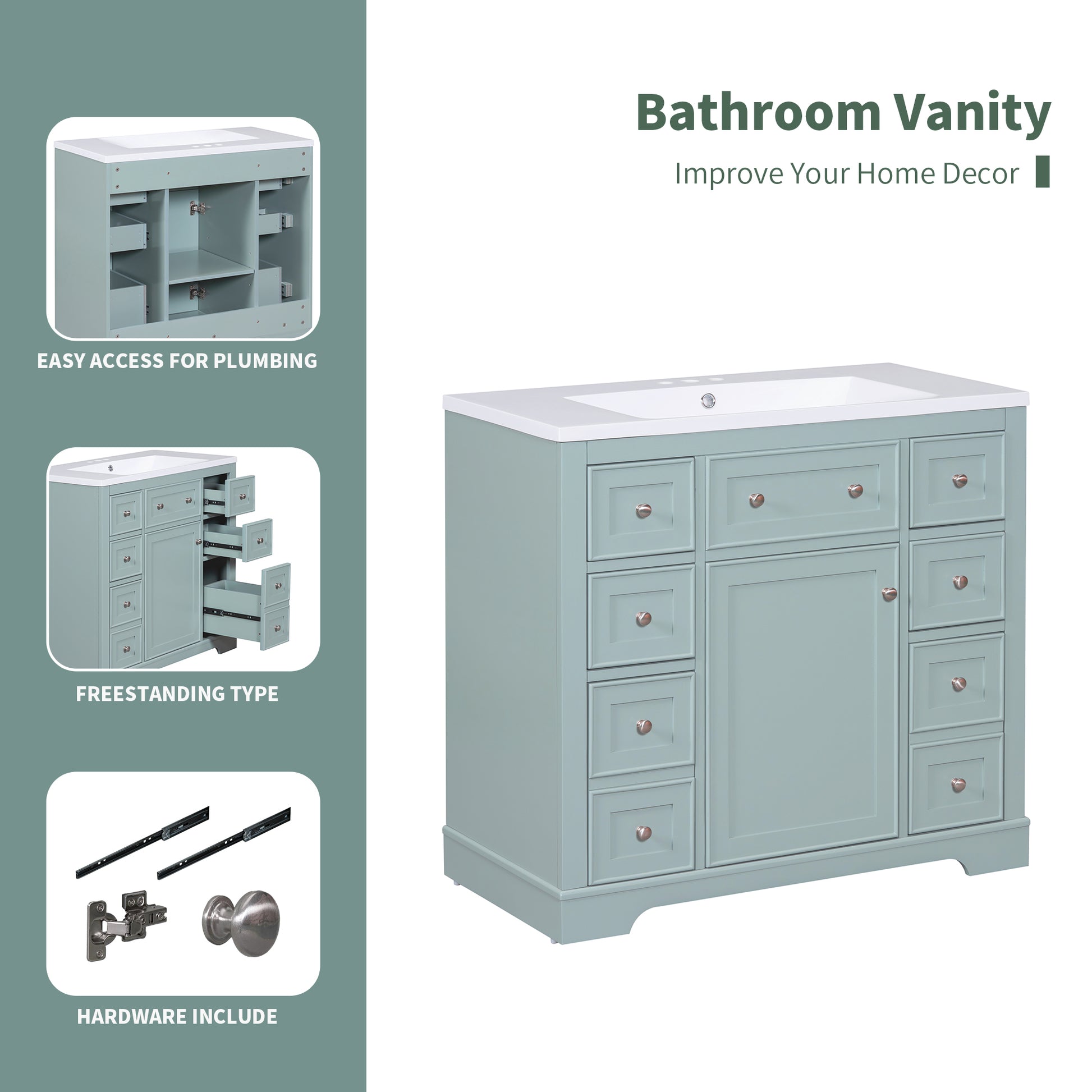 36" Bathroom Vanity Without Sink, Cabinet Base Only, One Cabinet And Six Drawers, Green Green Solid Wood Mdf