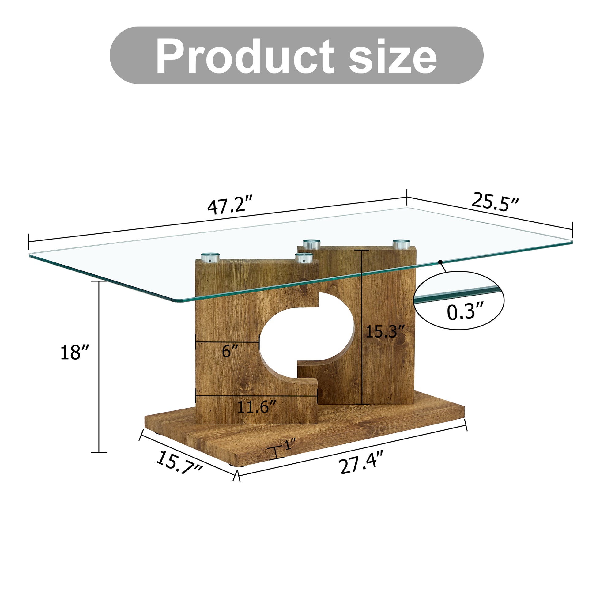 A Rectangular Modern And Fashionable Coffee Table With Tempered Glass Tabletop And Wooden Color Mdf Legs. Suitable For Living Room.47.2"*25.5"*18" Natural Wood Glass