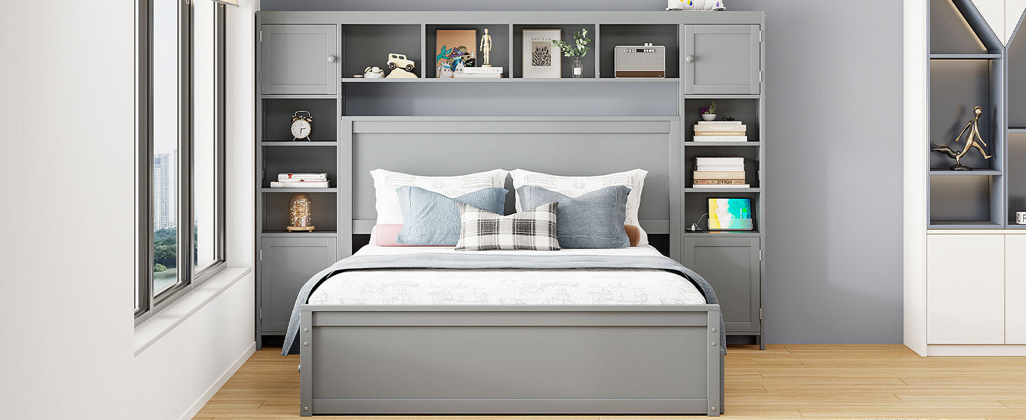 Queen Size Wooden Bed With All In One Cabinet, Shelf And Sockets,Twin Xl Trundle, Gray Queen Gray Solid Wood