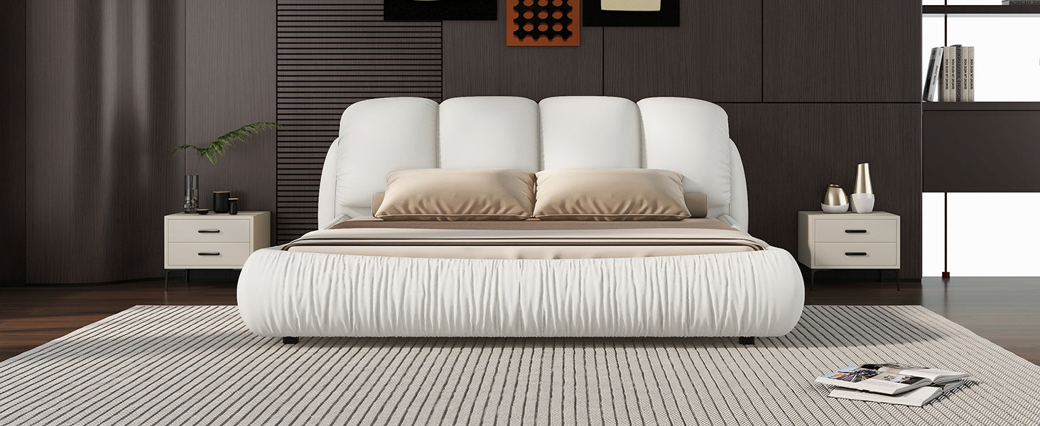 Queen Size Luxury Upholstered Bed With Thick Headboard, Leather Queen Bed With Oversized Padded Backrest, White Expect Arrival Date 2024 3 27 Queen White Pu Leather