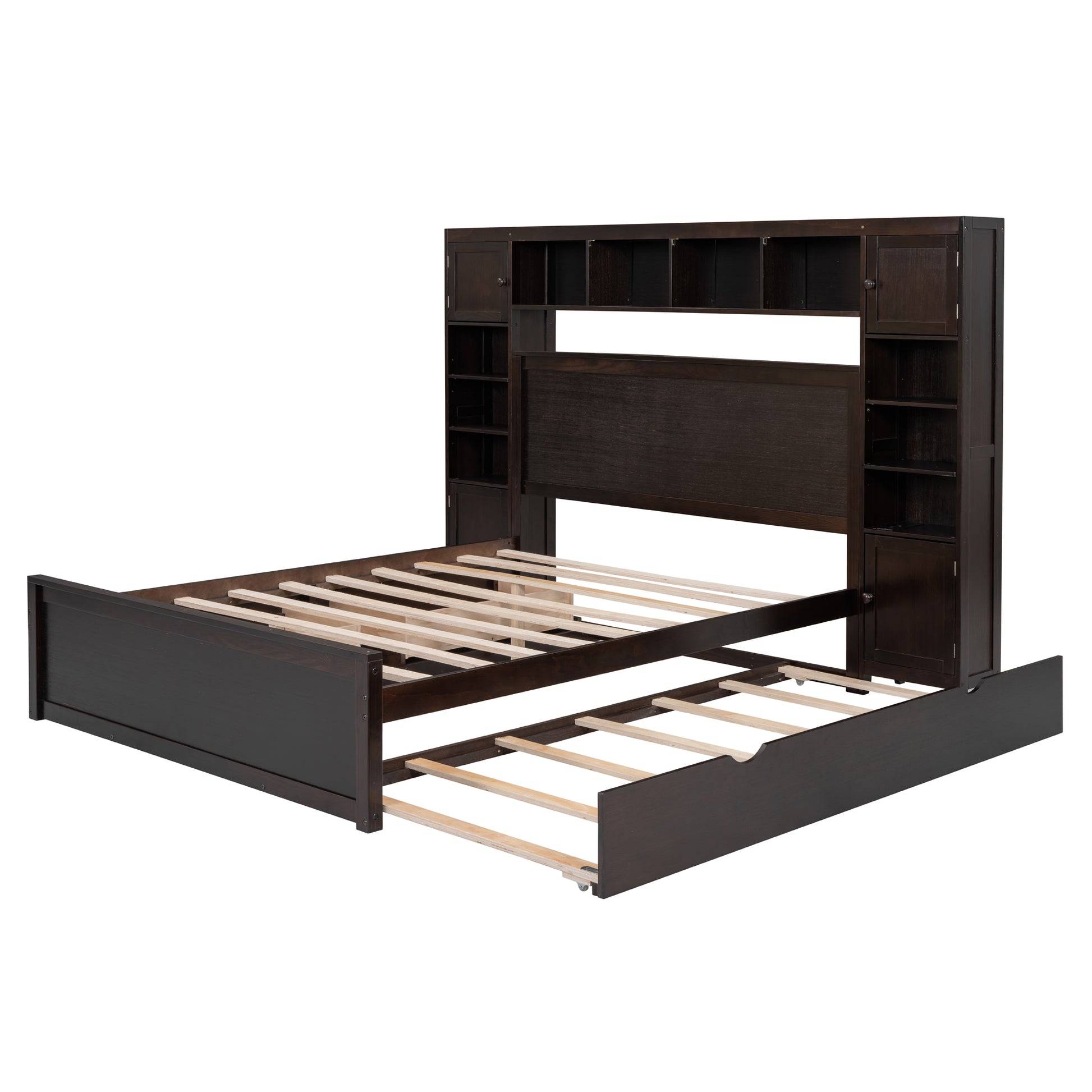 Queen Size Wooden Bed With All In One Cabinet, Shelf And Sockets,Twin Xl Trundle,Espresso Queen Espresso Solid Wood