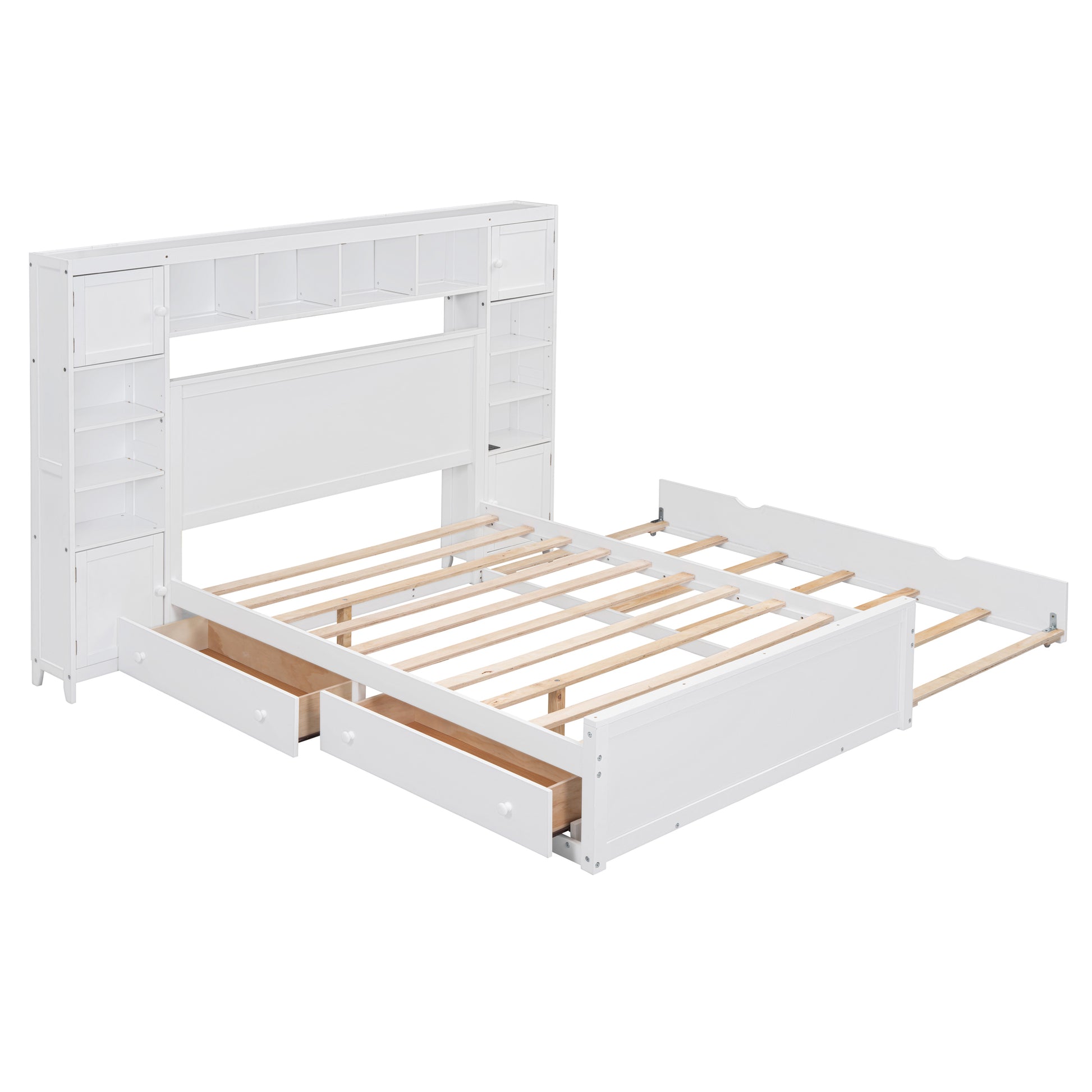 Full Size Wooden Bed With All In One Cabinet, Shelf And Sockets,Twin Size Trundle, White Full White Solid Wood