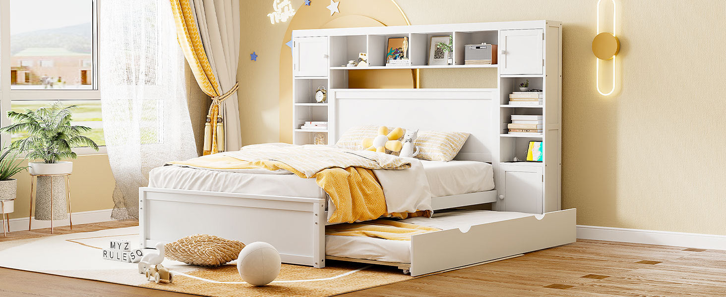 Queen Size Wooden Bed With All In One Cabinet, Shelf And Sockets,Twin Xl Trundle,White Queen White Solid Wood