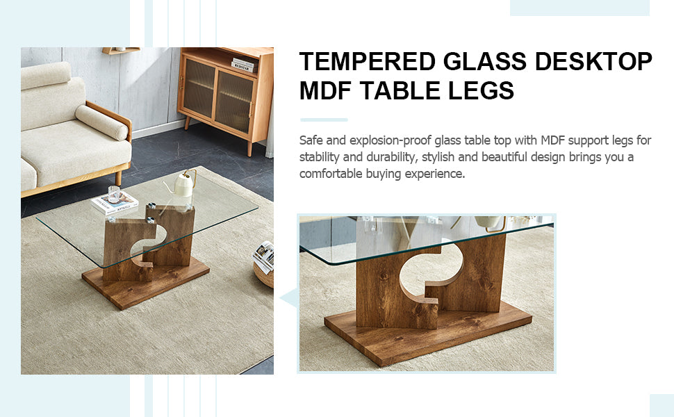 A Rectangular Modern And Fashionable Coffee Table With Tempered Glass Tabletop And Wooden Color Mdf Legs. Suitable For Living Room.47.2"*25.5"*18" Natural Wood Glass