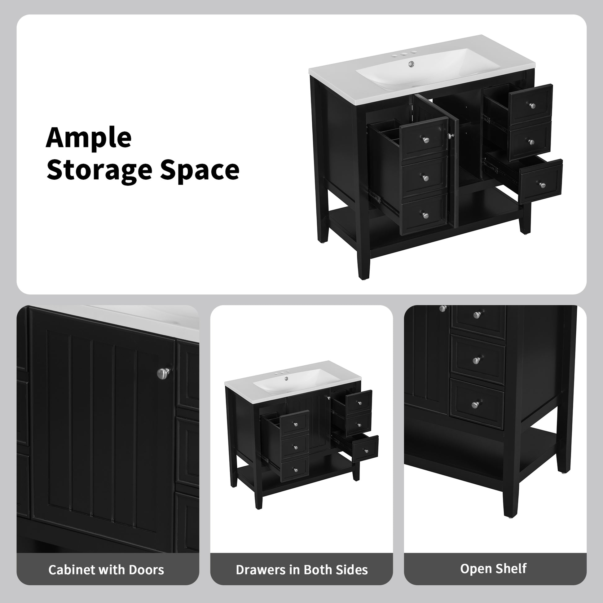 36" Bathroom Vanity With Sink Combo, One Cabinet And Three Drawers, Solid Wood And Mdf Board, Black Black Solid Wood Mdf