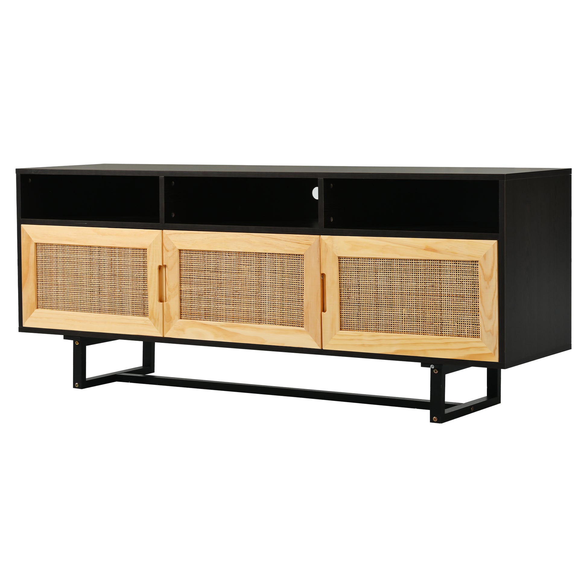 Retro Rattan Console Table 3 Door Tv Stand Media Console With Open Shelves For Tv Stand Under 75'' Espresso Espresso Mdf