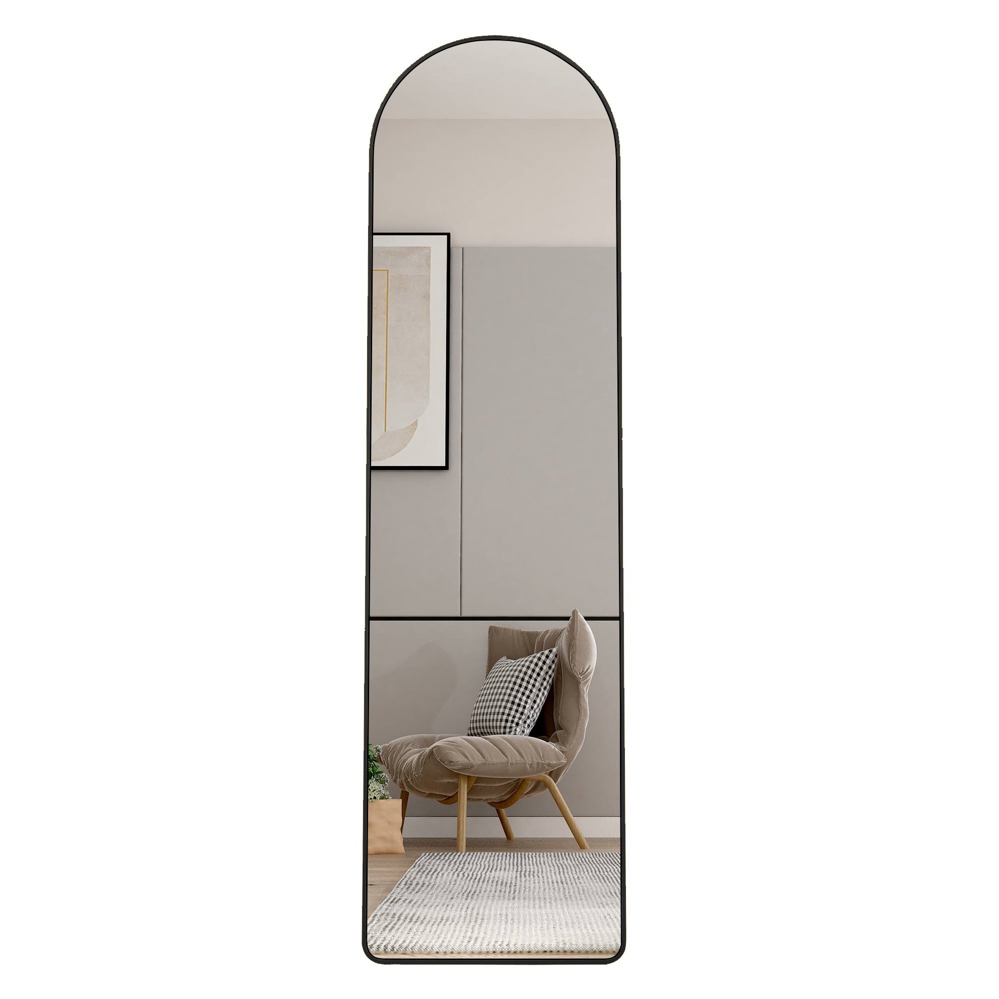 The 4St Generation Of Floor Mounted Full Length Mirrors. Aluminum Alloy Metal Frame Arched Wall Mirror, Bathroom Makeup Mirror, Bedroom Porch, Clothing Store, Wall Mounted.Black 59.8 "*16.5"W115112560 Black Glass